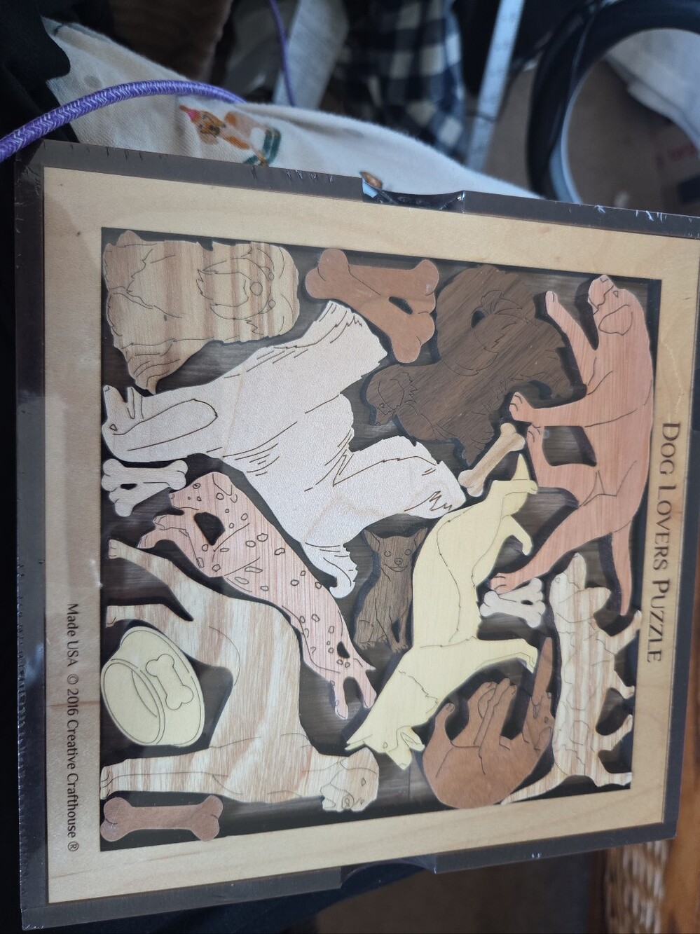 Dog Lovers Puzzle Artistic & Challenging wood brain teaser with base & cover NWT